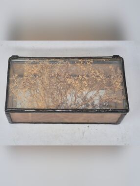 Amber Stained Glass Jewlery Box With Dried Florals In Lid